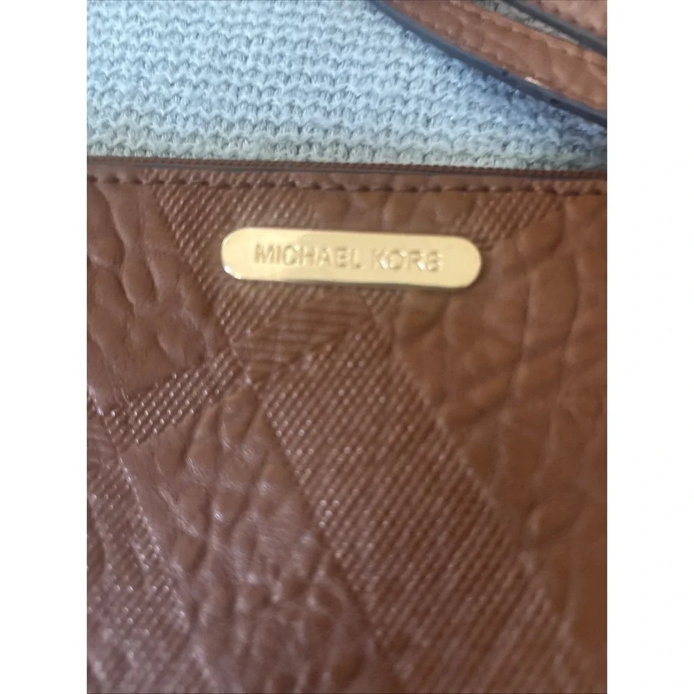 Michael Kors Jet Set Travel Large Double Zip Phone Wallet Wristlet Brown Pebble